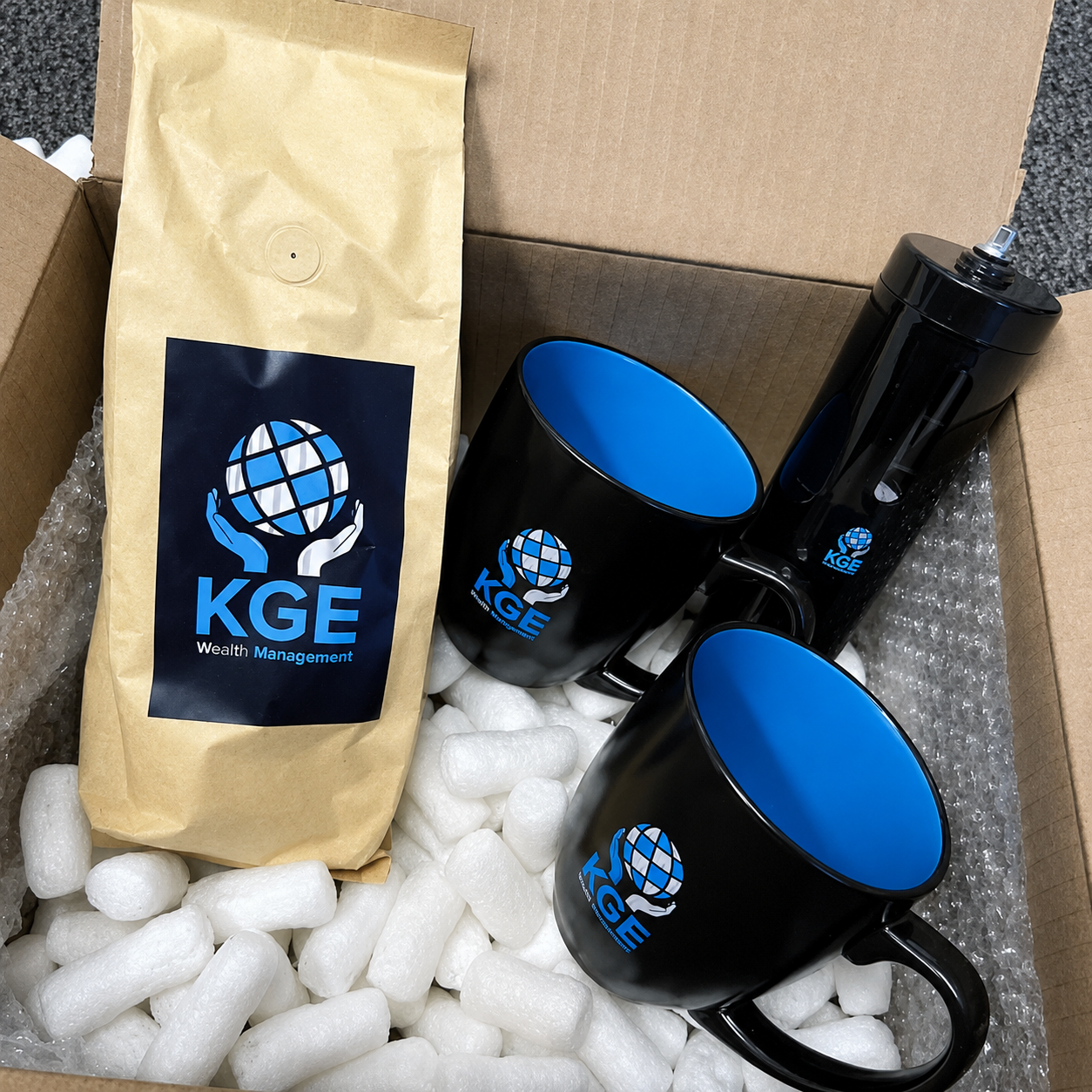 Private label coffee brand example, KGE Wealth Management gift box