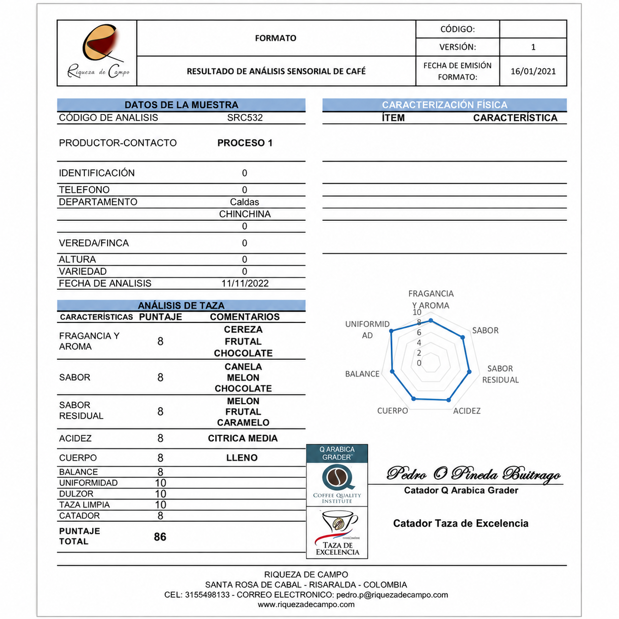 Official cupping analysis certificate showing Marcelino's Coffee scoring 86 points, by Riqueza de Campo