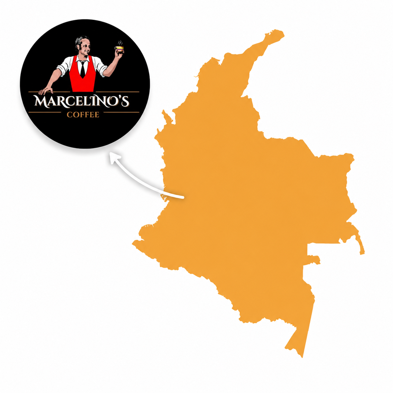 Map of Colombia highlighting the coffee-growing region where Marcelino's Coffee is grown