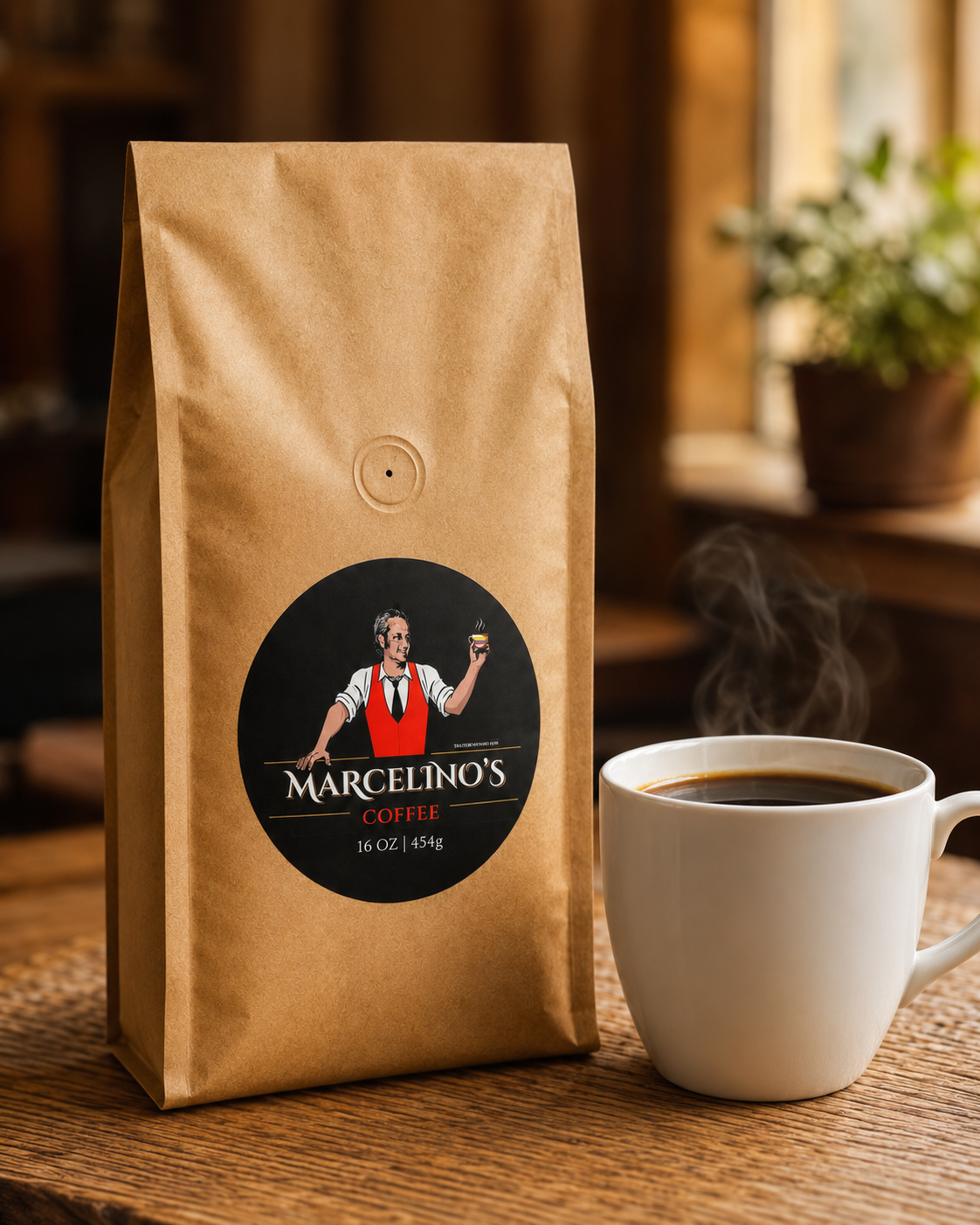 Marcelino's Coffee bag with a fresh cup of Colombian coffee