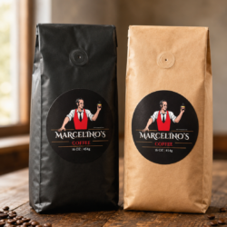 Marcelino's Coffee bags, black and kraft paper, 16oz authentic Colombian coffee