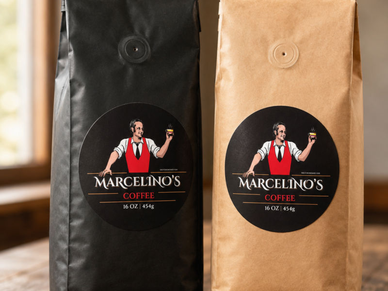 Marcelino's Coffee bags, black and kraft paper, 16oz authentic Colombian coffee
