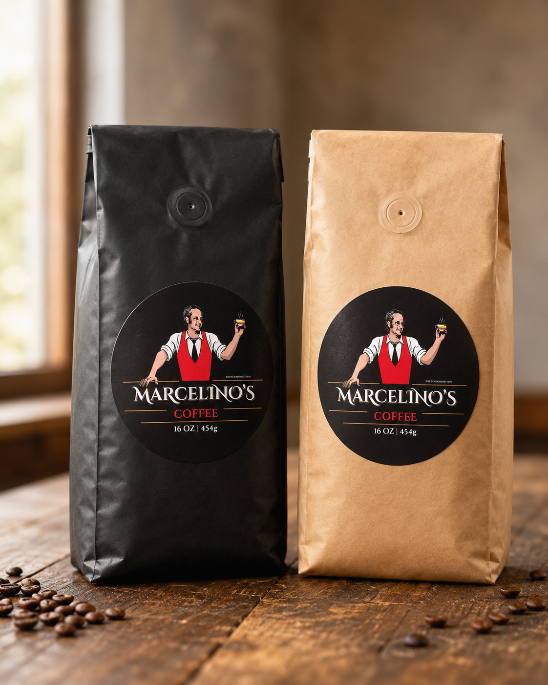 Marcelino's Coffee bags, black and kraft paper, 16oz authentic Colombian coffee